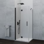 Mampara plegable al interior del plato + lateral fijo GLASS negra
