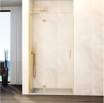 Mampara ducha Fijo + puerta abatible GLASS con cierre imán a pared oro