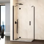 Mampara ducha Fijo + abatible con lateral fijo GLASS cierre imán a pared negro