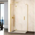 Mampara ducha Fijo + abatible con lateral fijo GLASS cierre imán a pared oro