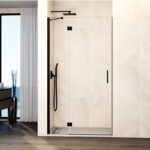 Mampara ducha Fijo + puerta abatible GLASS con cierre imán a pared negro
