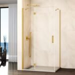 Mampara ducha Fijo + abatible con lateral fijo GLASS cierre imán a pared oro