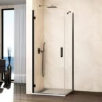 Mampara ducha abatible GLASS bisagra a perfil + lateral fijo negro