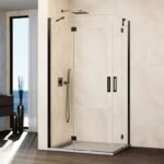 Mampara ducha fijo + 2 puertas abatibles + fijo GLASS titanio