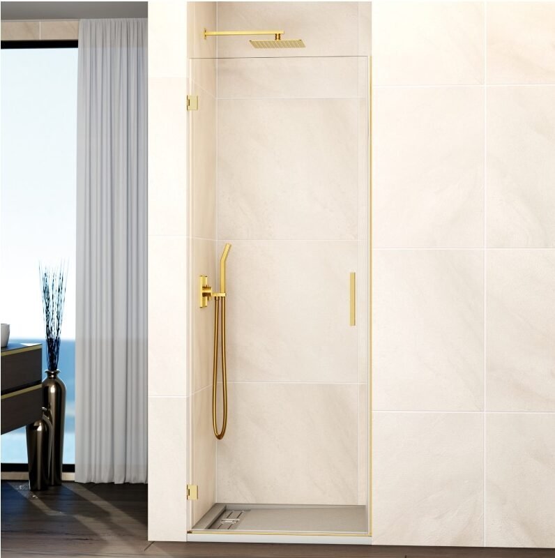 x-e1764668091611.jpg Mampara ducha 1 puerta abatible GLASS bisagra a pared Oro - Imagen 1